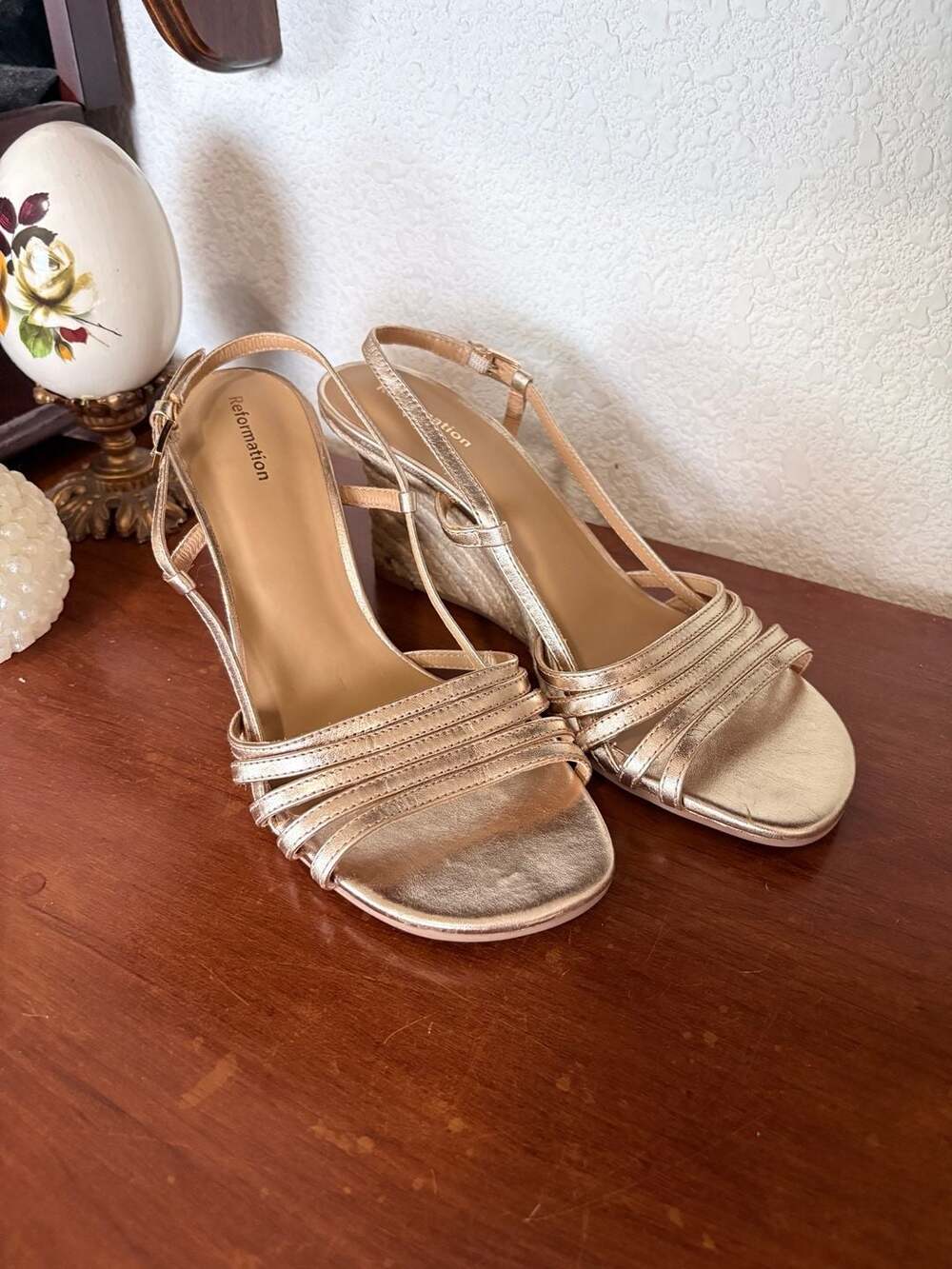 Reformation Elsie Gold Metallic Espadrille Wedge Heel Sandals Size 5.5
